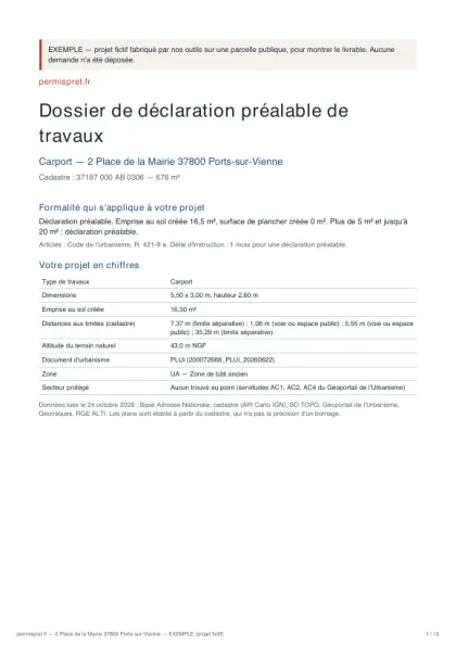 Dossier d'exemple : Page de garde : la formalité, le terrain et le résumé du projet