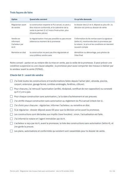 Guide de la régularisation (PDF) : page de la check-list avant de vendre