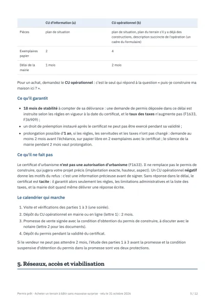 Guide du terrain à bâtir (PDF) : page du certificat d'urbanisme